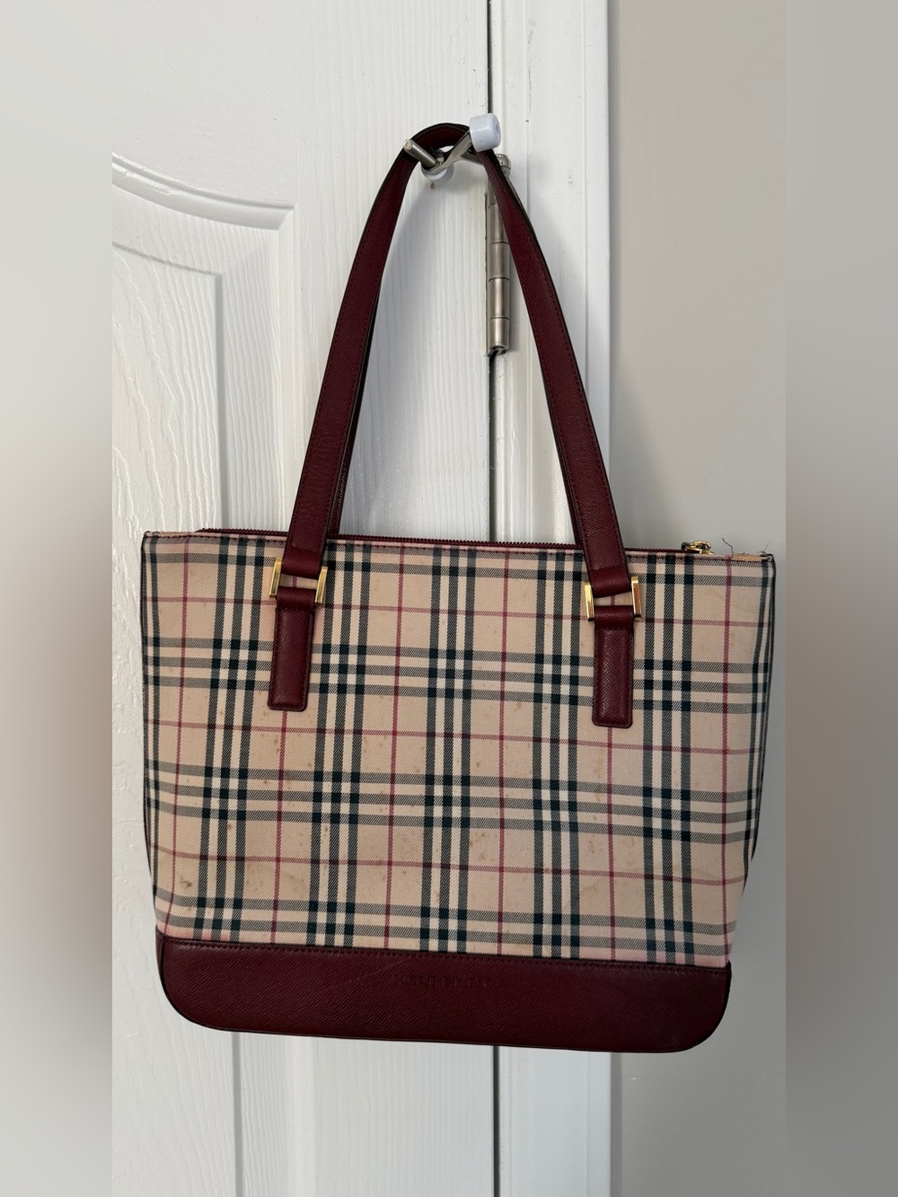 Burberry Beige Plaid Tote with Burgundy Trim - Project Bag